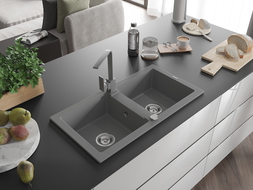 Mexen Mario fregadero de granito de 2 cubetas con grifo de cocina Rita, gris - 6504-71-670300-71