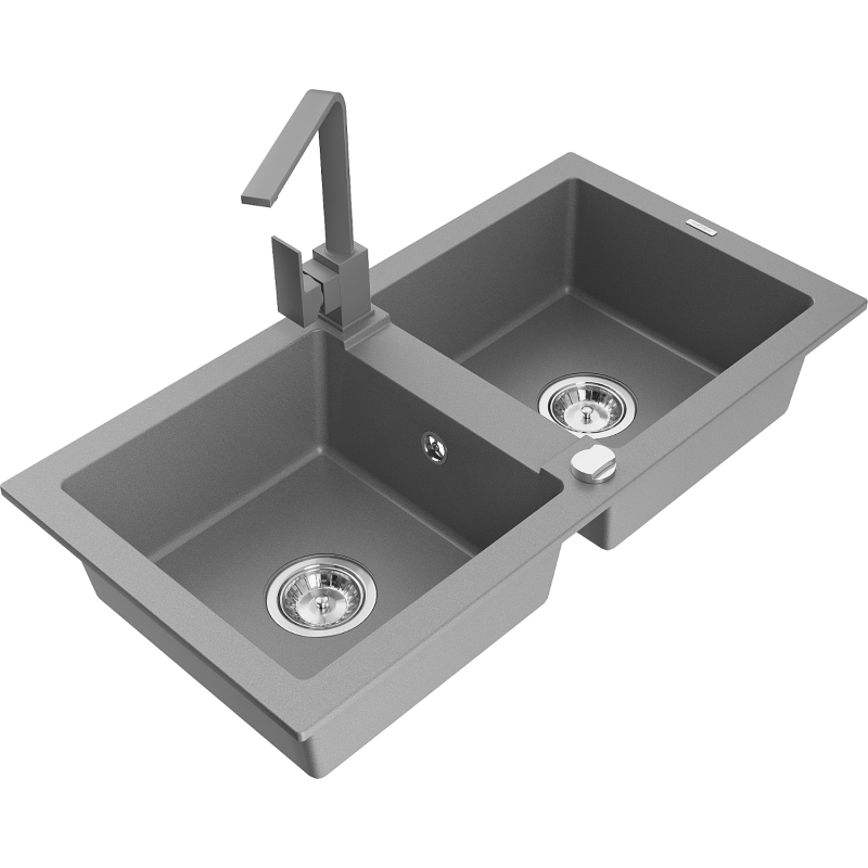 Mexen Mario fregadero de granito de 2 cubetas con grifo de cocina Rita, gris - 6504-71-670300-71