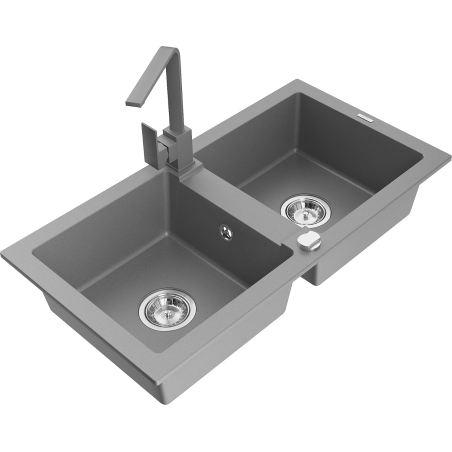 Mexen Mario 2-bowl granite sink with Rita kitchen tap, grey - 6504-71-670300-71