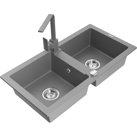 Mexen Mario évier en granit à 2 bacs avec robinet de cuisine Rita, gris - 6504-71-670300-71