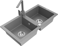 Mexen Mario lavello in granito a 2 vasche con rubinetto da cucina Rita, grigio - 6504-71-670300-71