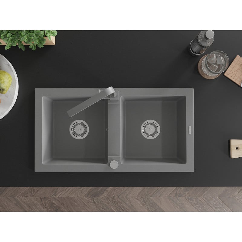 Mexen Mario fregadero de granito de 2 cubetas con grifo de cocina Rita, gris - 6504-71-670300-71