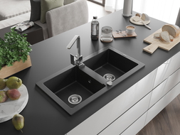 Mexen Mario granite sink, 2-bowl with Rita kitchen tap, black/silver metallic - 6504-73-670300-00