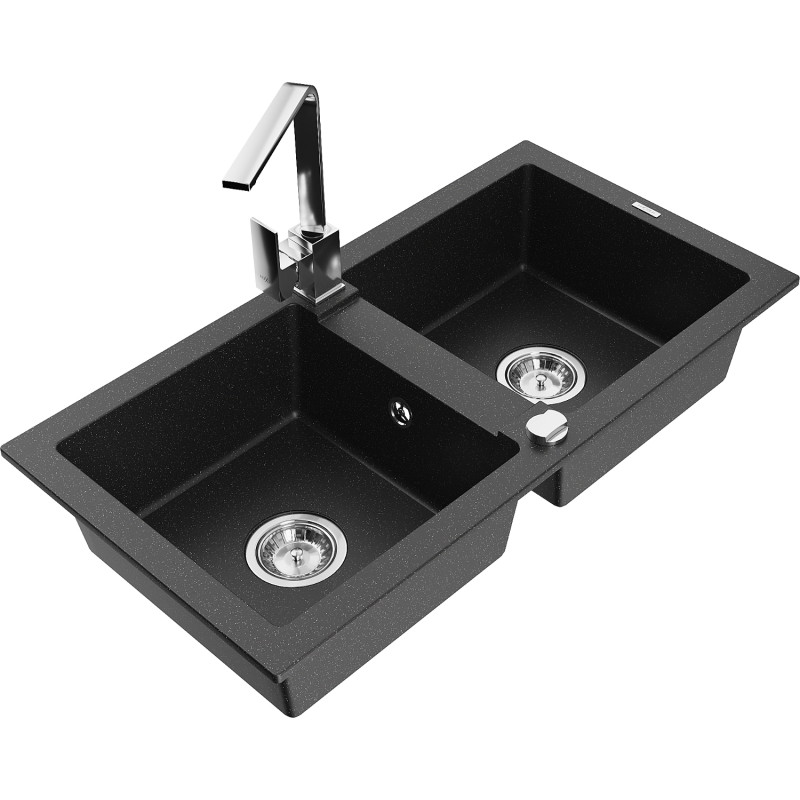 Mexen Mario Évier de cuisine en granit à 2 bacs avec mitigeur Rita, noir/argent métallisé - 6504-73-670300-00