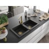 Mexen Mario 2-bowl granite kitchen sink with Rita kitchen tap, black/silver metallic - 6504-73-670300-50