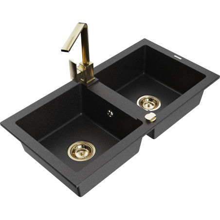 Mexen Mario 2-bowl granite kitchen sink with Rita kitchen tap, black/silver metallic - 6504-73-670300-50