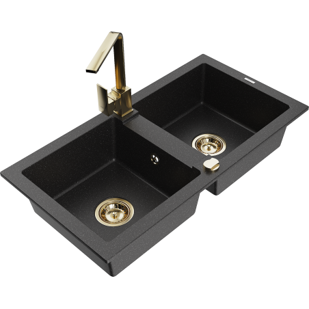 Mexen Mario granitische spoelbak met 2 kamers en Rita keukenmengkraan, zwart/zilver metallic - 6504-73-670300-50