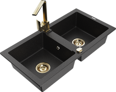 Mexen Mario granite double bowl kitchen sink with Rita faucet, black/silver metallic - 6504-73-670300-50
