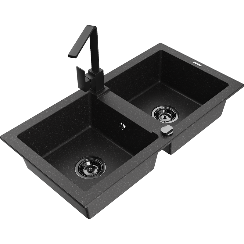 Mexen Mario 2-bowl granite sink with Rita kitchen tap, black/silver metallic - 6504-73-670300-70-B