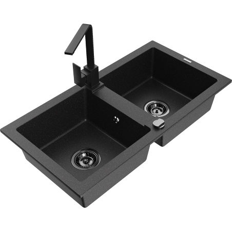 Mexen Mario fregadero de granito de 2 compartimentos con grifo de cocina Rita, negro/plata metálico - 6504-73-670300-70-B
