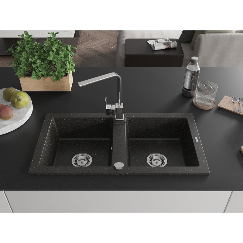 Mexen Mario 2-bowl granite sink with Rita kitchen tap, black/gold metallic - 6504-75-670300-00