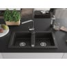 Mexen Mario granite kitchen sink double-bowl with Rita kitchen faucet, black/gold metallic - 6504-75-670300-00