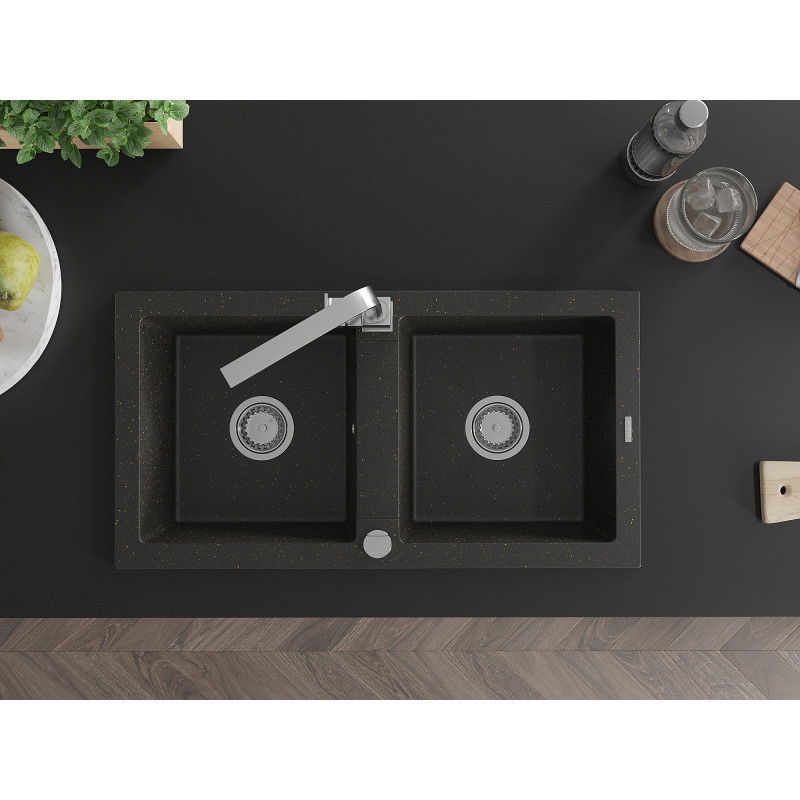Mexen Mario 2-bowl granite sink with Rita kitchen tap, black/gold metallic - 6504-75-670300-00