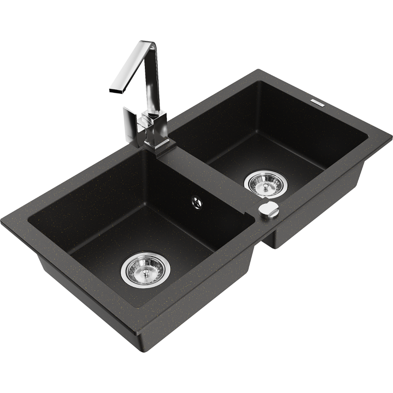 Mexen Mario 2-bowl granite sink with Rita kitchen tap, black/gold metallic - 6504-75-670300-00