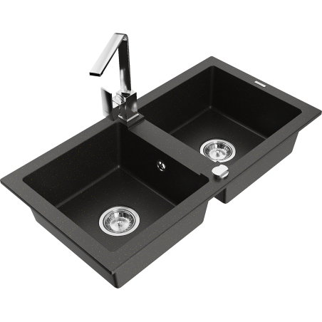 Mexen Mario 2-bowl granite sink with Rita kitchen tap, black/gold metallic - 6504-75-670300-00