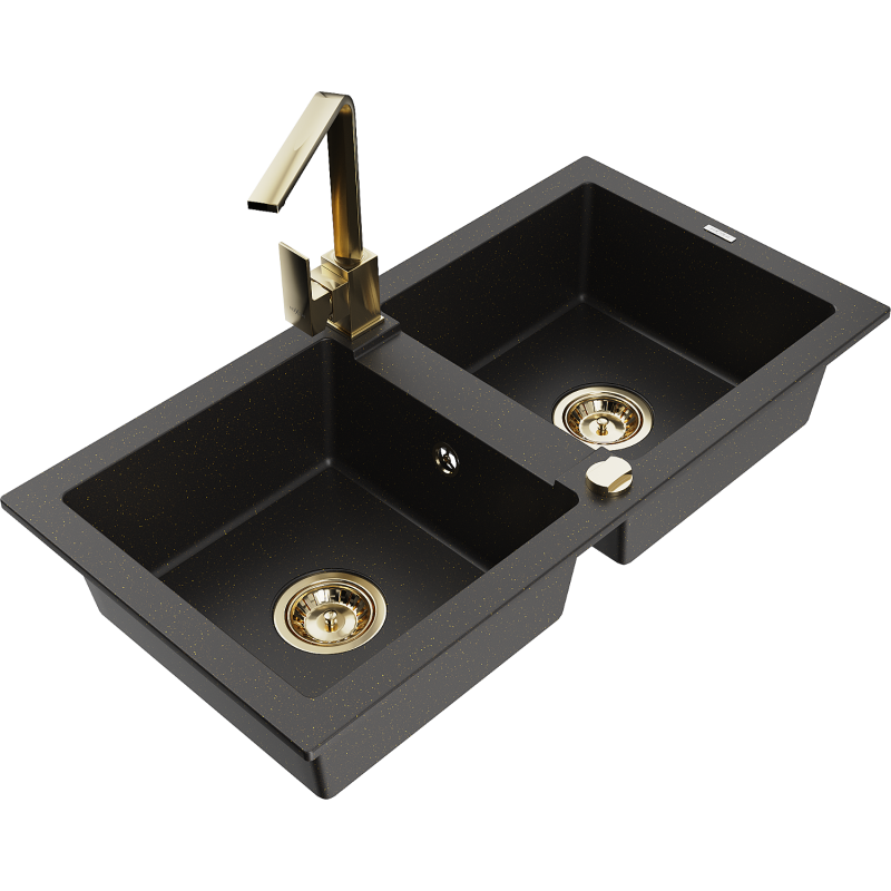 Mexen Mario lava-loiça de granito de 2 cubas com torneira de cozinha Rita, preto/dourado metálico - 6504-75-670300-50