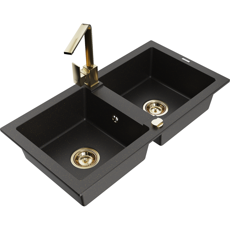 Mexen Mario lavello in granito a 2 vasche con miscelatore da cucina Rita, nero/oro metallizzato - 6504-75-670300-50