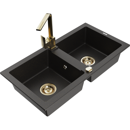 Mexen Mario fregadero de granito de 2 cubetas con grifo de cocina Rita, negro/dorado metálico - 6504-75-670300-50