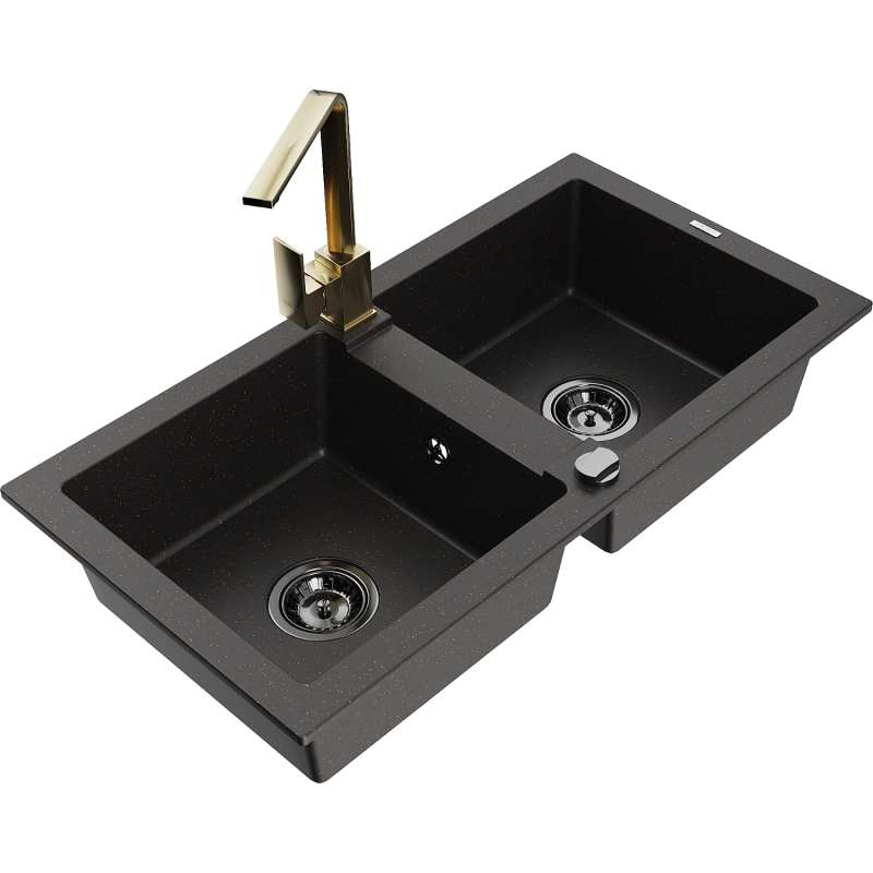 Mexen Mario évier en granit à 2 bacs avec mitigeur de cuisine Rita, noir/doré métallisé - 6504-75-670300-50-B