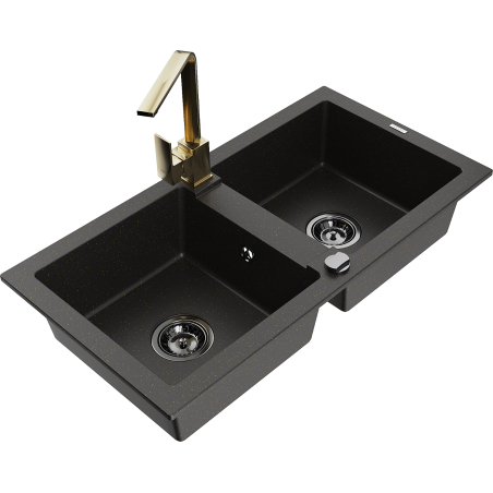 Mexen Mario 2-bowl granite sink with Rita kitchen tap, black/gold metallic - 6504-75-670300-50-B