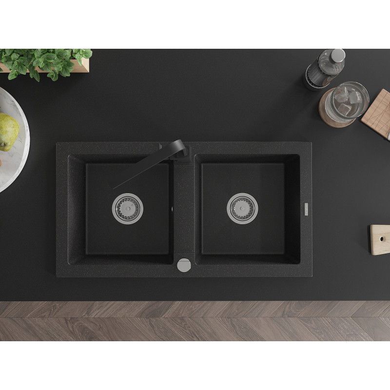 Mexen Mario fregadero de granito de 2 compartimentos con grifo de cocina Rita, negro/dorado metálico - 6504-75-670300-70
