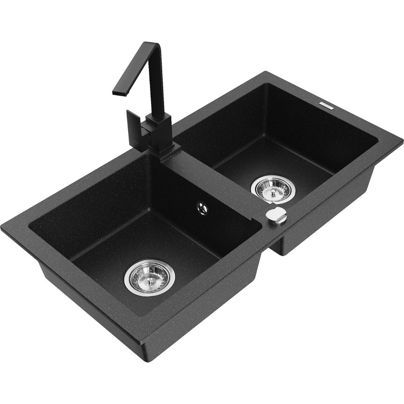 Mexen Mario granit gootsteen 2-komoren met keukenkraan Rita, zwart/gouden metallic - 6504-75-670300-70