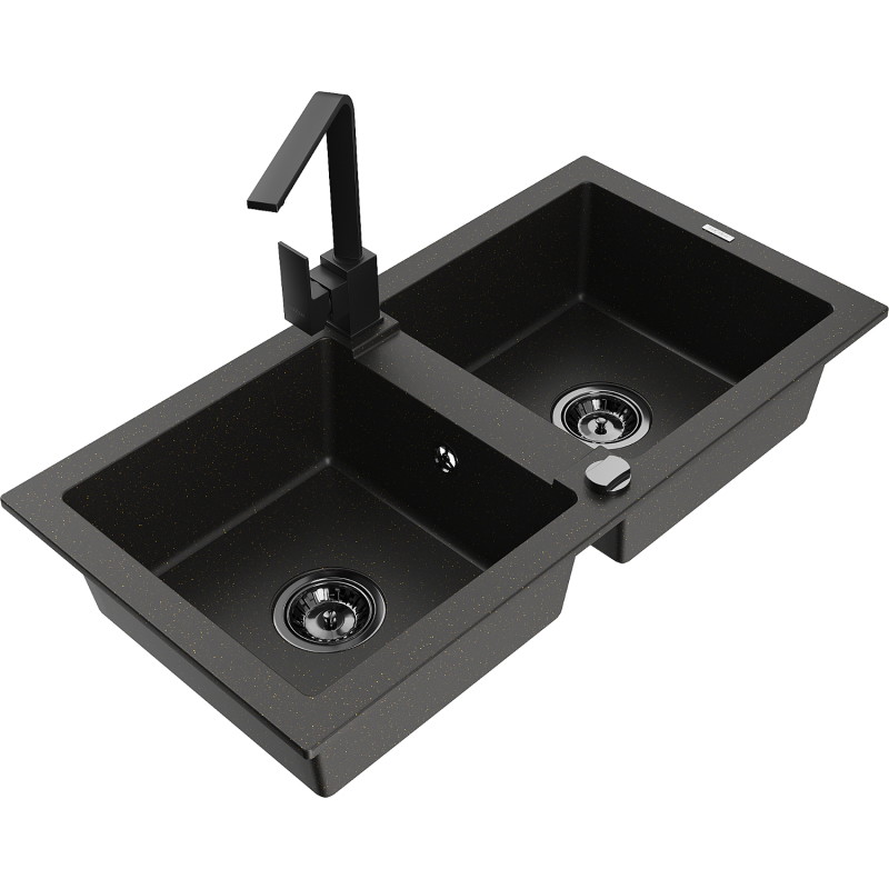 Mexen Mario fregadero de granito de 2 compartimentos con grifo de cocina Rita, negro/dorado metálico - 6504-75-670300-70-B