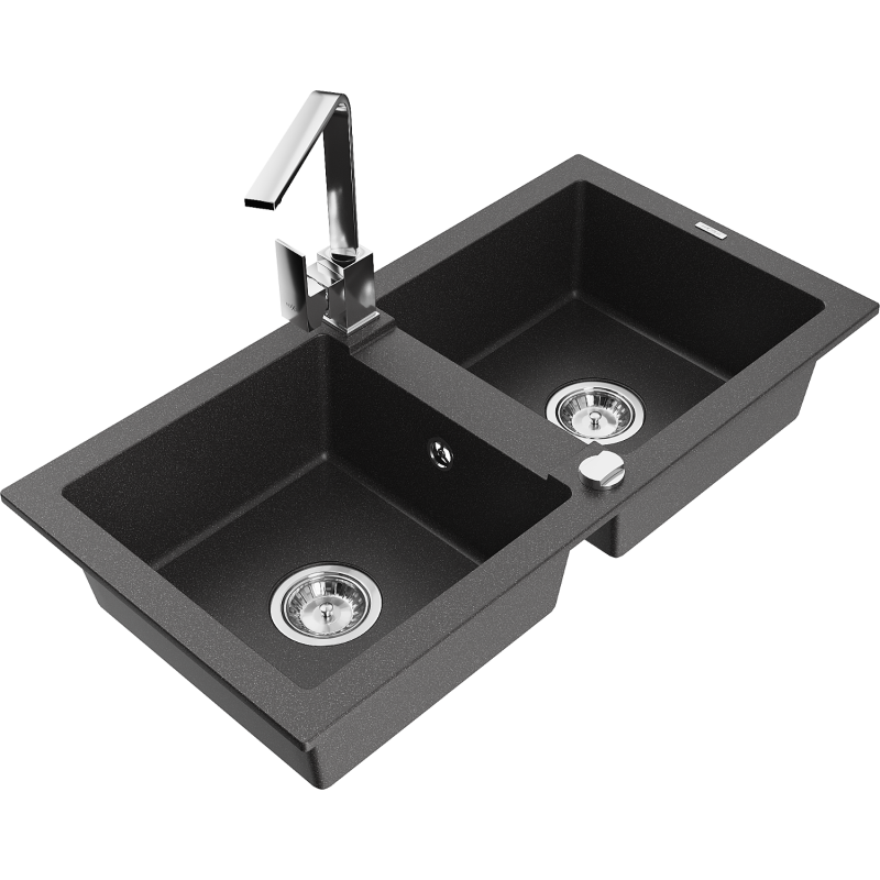Mexen Mario fregadero de granito de 2 compartimentos con grifo de cocina Rita, negro moteado - 6504-76-670300-00