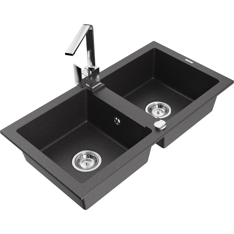 Mexen Mario Granitspulltisch mat zwee Becken a Kichenkran Rita, schwaarz gesprenkelt - 6504-76-670300-00