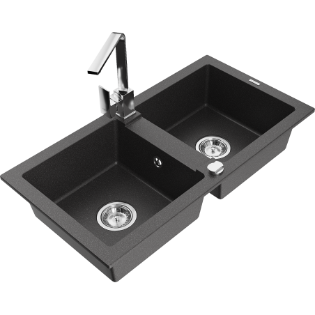 Mexen Mario fregadero de granito de 2 senos con grifo de cocina Rita, negro moteado - 6504-76-670300-00