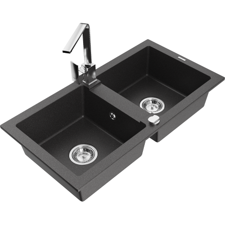Mexen Mario Granitspulltisch mat zwee Becken a Kichenkran Rita, schwaarz gesprenkelt - 6504-76-670300-00