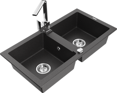 Mexen Mario granite double bowl sink with Rita kitchen faucet, speckled black - 6504-76-670300-00