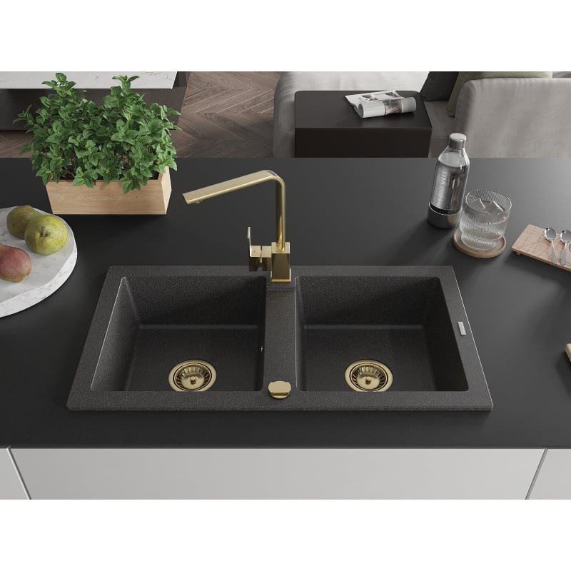 Mexen Mario fregadero de granito de 2 senos con grifo de cocina Rita, negro moteado - 6504-76-670300-50