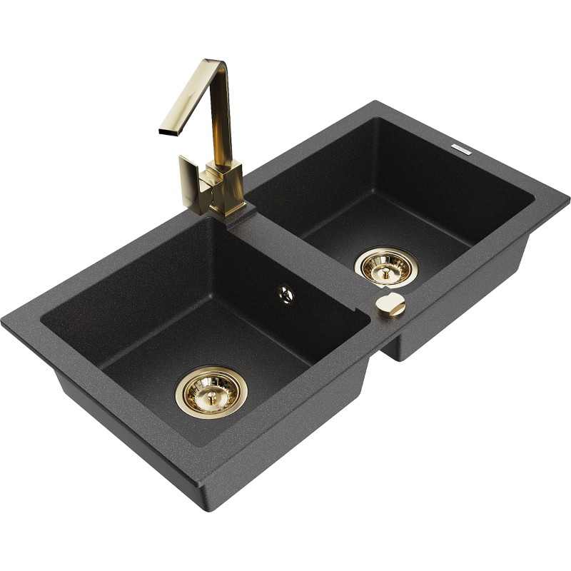 Mexen Mario fregadero de granito de 2 senos con grifo de cocina Rita, negro moteado - 6504-76-670300-50