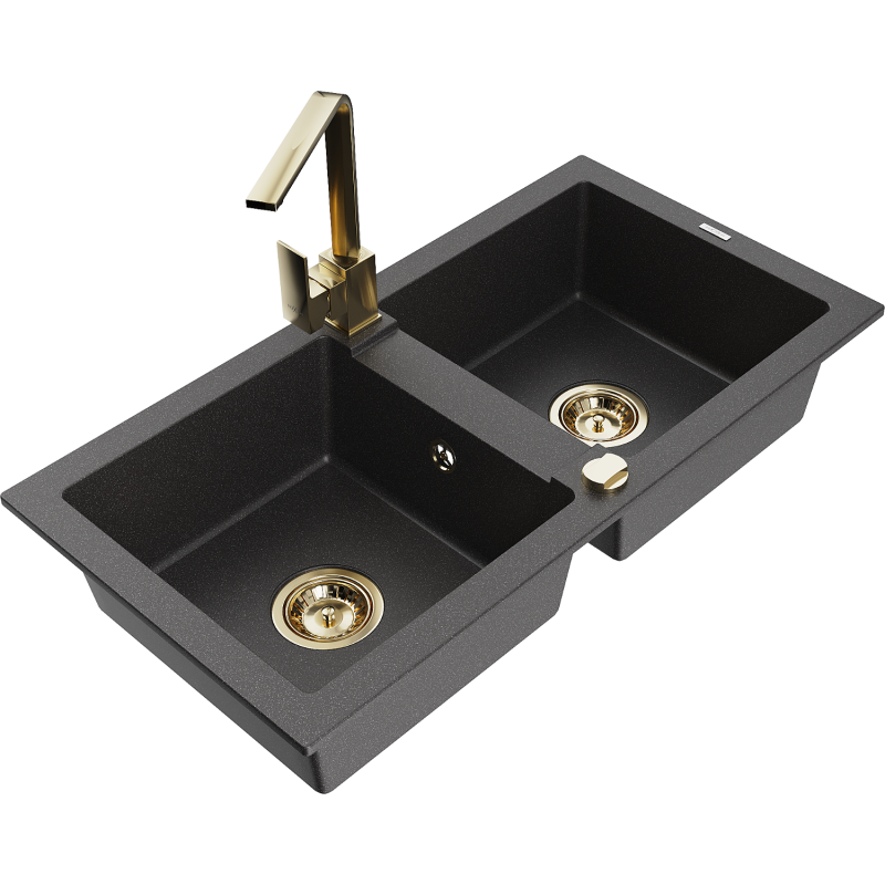 Mexen Mario granit izlietne ar 2 nodalījumiem un virtuves jaucējkrānu Rita, melns ar punktiņiem - 6504-76-670300-50