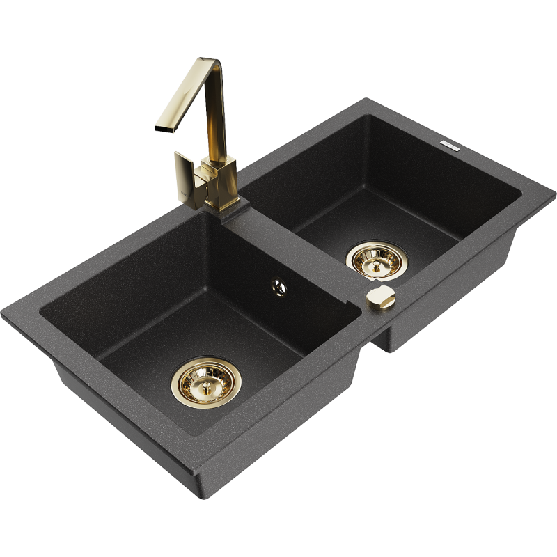 Mexen Mario granite kitchen sink 2-chamber with Rita kitchen tap, black speckled - 6504-76-670300-50