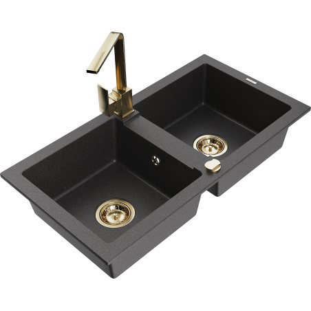 Mexen Mario fregadero de granito de 2 compartimentos con grifo de cocina Rita, negro moteado - 6504-76-670300-50
