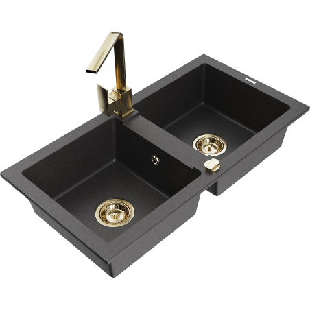 Mexen Mario granite kitchen sink 2-chamber with Rita kitchen tap, black speckled - 6504-76-670300-50