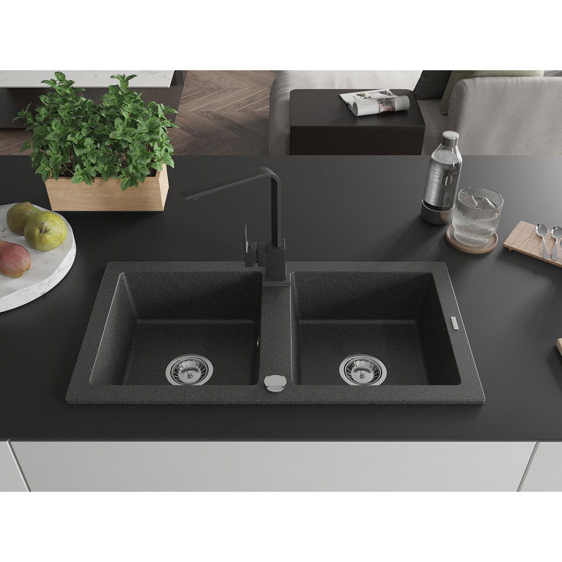 Mexen Mario granite sink 2-bowl with Rita kitchen tap, black speckled - 6504-76-670300-70