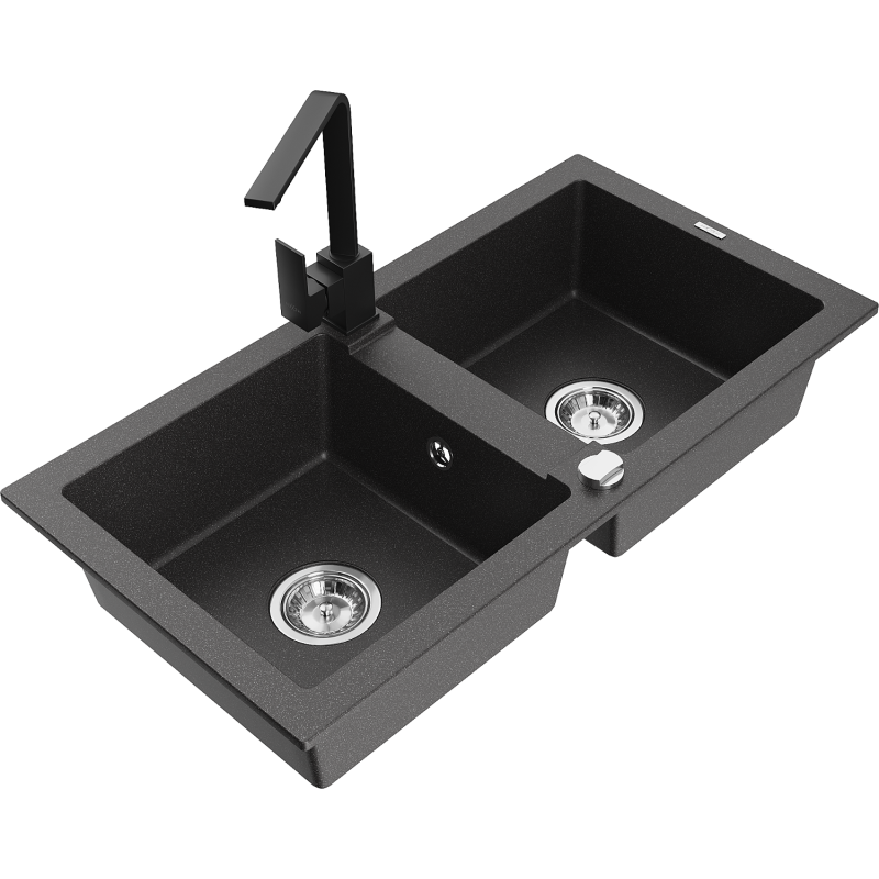 Mexen Mario fregadero de granito de 2 compartimentos con grifo de cocina Rita, negro moteado - 6504-76-670300-70