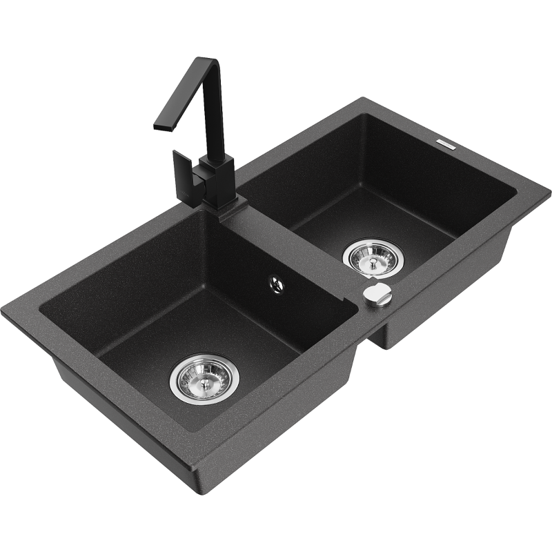 Mexen Mario granite sink 2-bowl with Rita kitchen tap, black speckled - 6504-76-670300-70