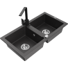 Mexen Mario granite sink 2-bowl with Rita kitchen tap, black speckled - 6504-76-670300-70