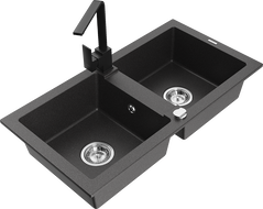 Mexen Mario 2-bowl granite sink with Rita kitchen faucet, black speckled - 6504-76-670300-70