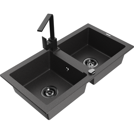Mexen Mario 2-bowl granite sink with Rita kitchen tap, speckled black - 6504-76-670300-70-B
