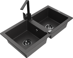Mexen Mario 2-bowl granite sink with Rita kitchen tap, speckled black - 6504-76-670300-70-B