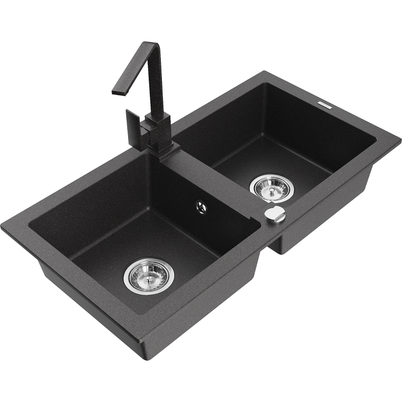 Mexen Mario granite kitchen sink 2-bowl with Rita kitchen tap, black speckled - 6504-76-670300-76