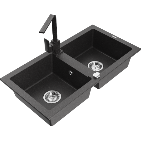Mexen Mario fregadero de granito de 2 compartimentos con grifo de cocina Rita, negro moteado - 6504-76-670300-76