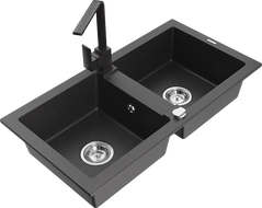 Mexen Mario granite kitchen sink 2-bowl with Rita kitchen tap, black speckled - 6504-76-670300-76