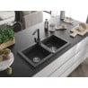 Mexen Mario granite kitchen sink 2-bowl with Rita kitchen tap, black speckled - 6504-76-670300-76