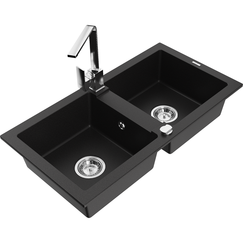 Mexen Mario granite double bowl sink with Rita kitchen tap, black - 6504-77-670300-00